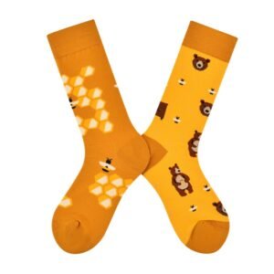 Sunny Honey Bear Mismatched Socks – Playful orange and brown cotton socks with cute bear and honey jar motifs by EmotiForce Australia