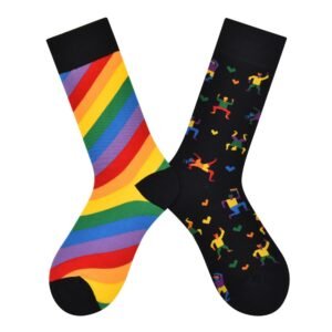 Mismatched Rainbow Dance Party Socks by EmotiForce Australia, colorful cotton socks with rainbow stripes and fun dancer pattern.