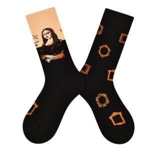 Mona Lisa Mini Gallery Socks by EmotiForce — black cotton mismatched socks featuring the Mona Lisa print and gold art frame patterns.
