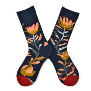 Vintage Floral Bloom Socks by EmotiForce — navy cotton socks with golden-orange flower patterns, inspired by classic botanical art.