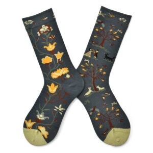 Autumn Garden Story Socks by EmotiForce — cozy navy cotton socks featuring warm autumn leaves and botanical patterns for artistic comfort.