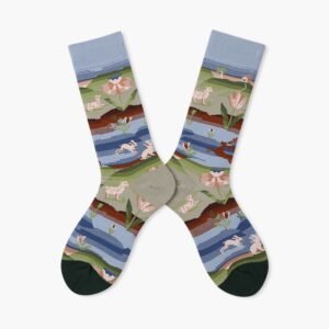 Water Nymph River Story Socks by EmotiForce — artistic cotton socks in water-inspired tones, blending flowing patterns of rivers and nymph silhouettes.