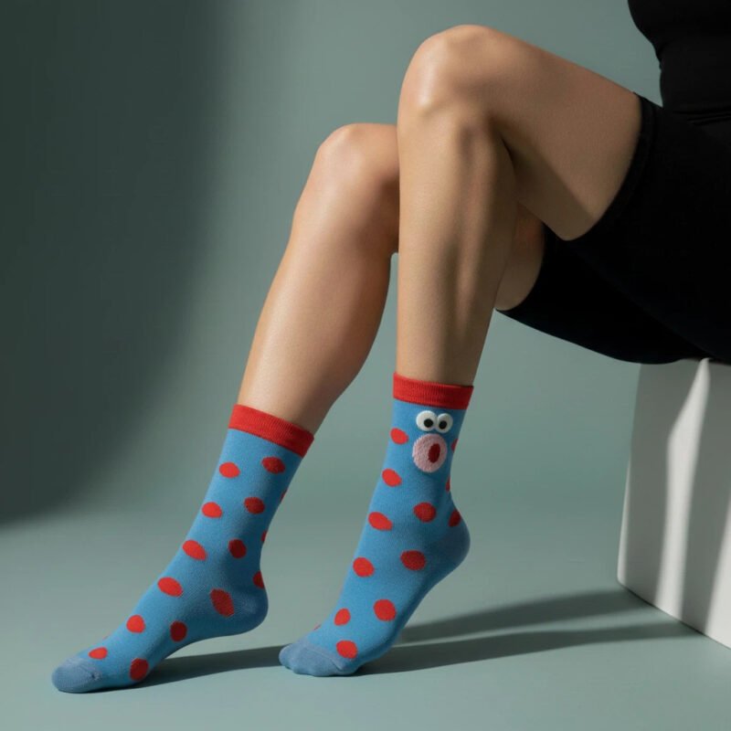 Blue playful polka-dot socks with red dots and a cartoon face design on model’s legs by EmotiForce Australia