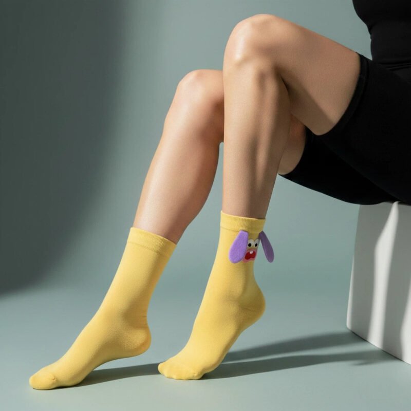 Yellow Puppy Embroidery Socks by EmotiForce — bright yellow cotton socks with a playful dog face and soft purple ears
